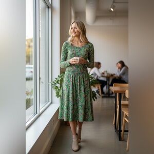 Boden Green, Pink, Yellow, Orange, Black Floral and Paisley Jersey midi dress